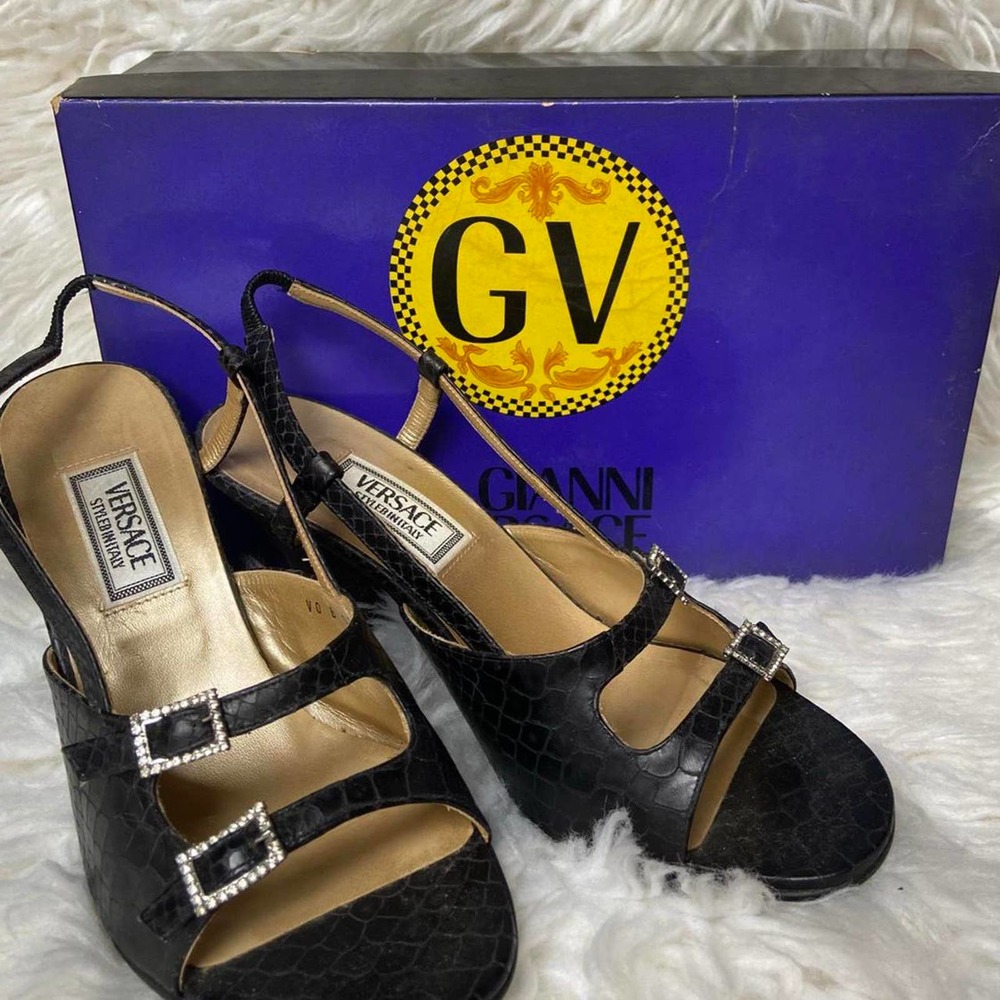 1990s Gianne Versace Black and Golden Snakeskin  Slingback Heels 7 1/2